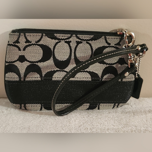 Coach Black And Silver Monogram Wristlet Wallet Leather Trim Sparkle Shimmer - Picture 1 of 11